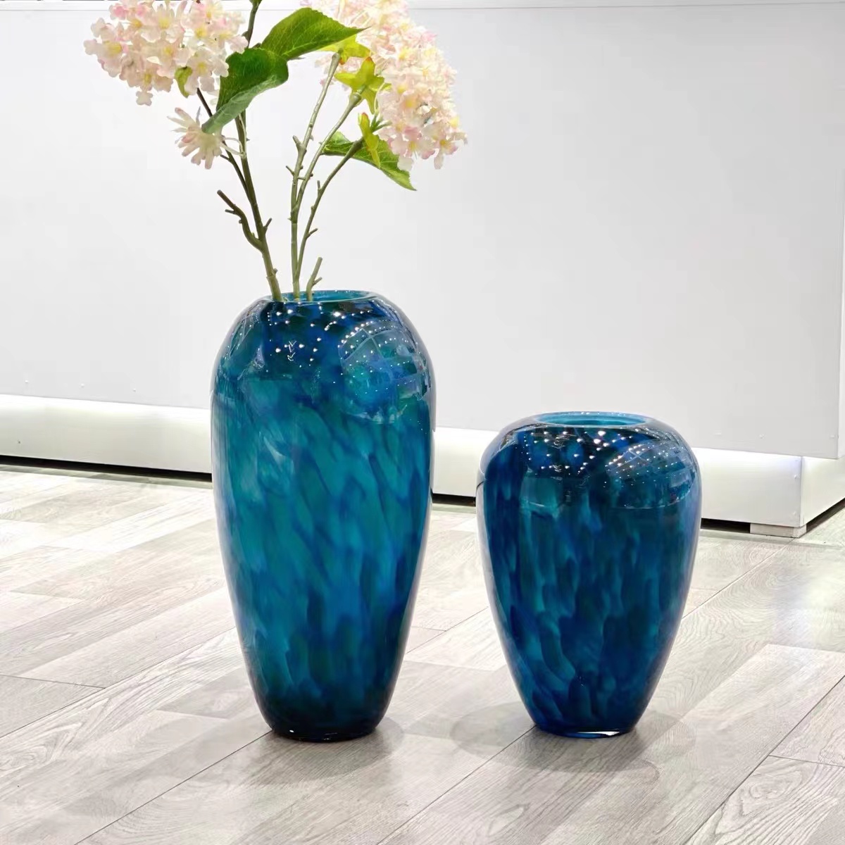 现代轻奢孔雀蓝玻璃花瓶摆件客厅插花客厅玄关样板间售楼部花器