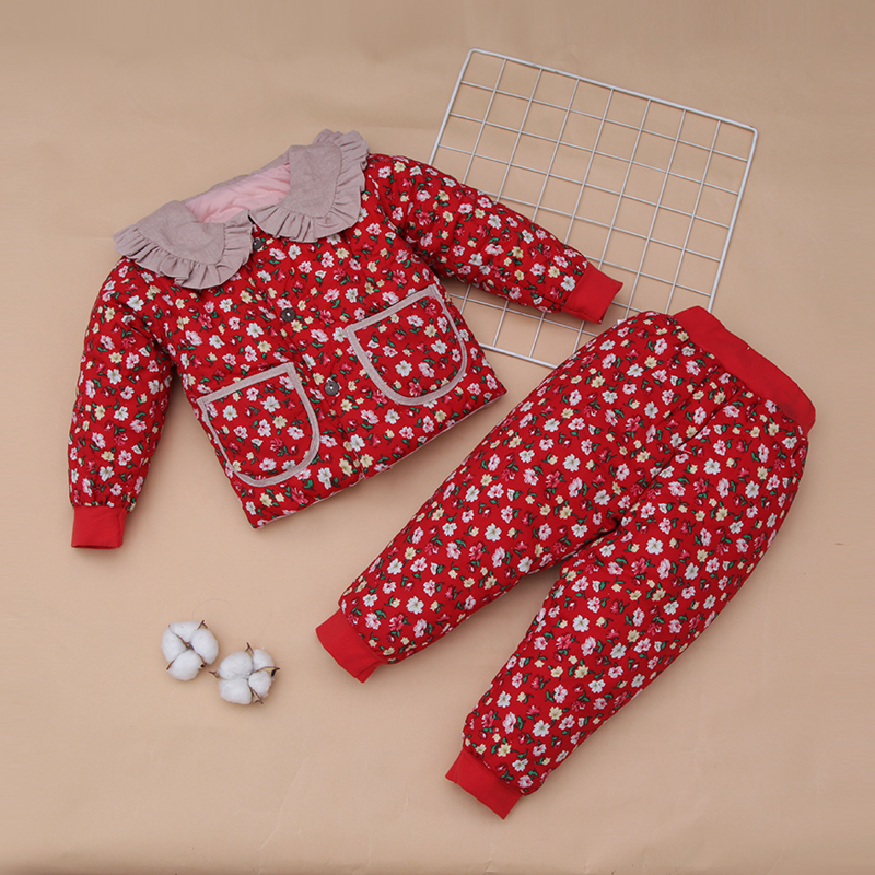 【现货】儿童娃娃领碎花棉服宝宝手工棉袄棉裤家居服保暖套装