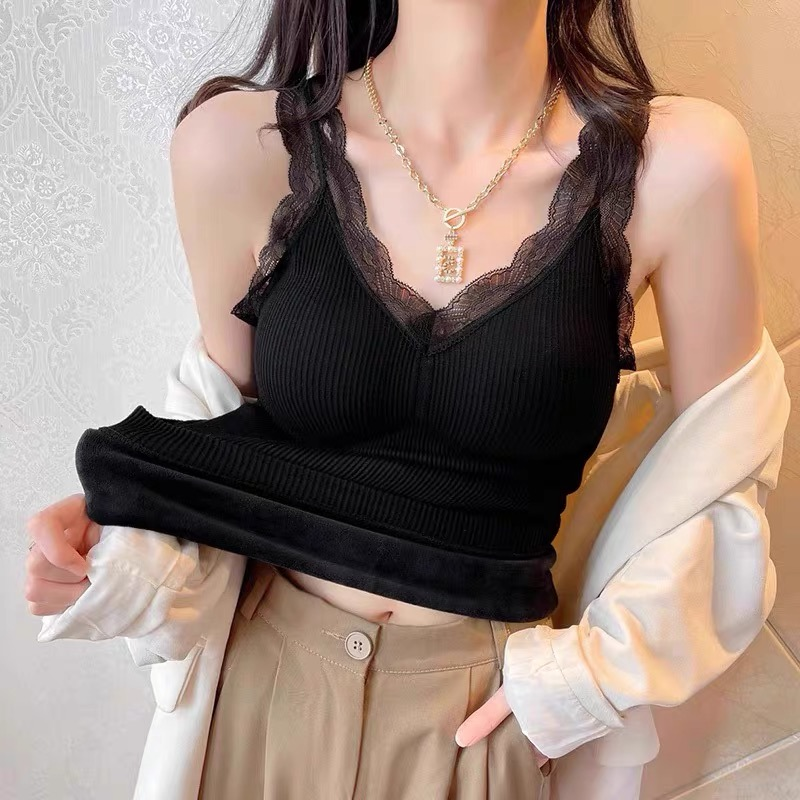 保暖吊带背心女蕾丝拼接v领无痕发热带胸垫一体加绒加厚打底内衣