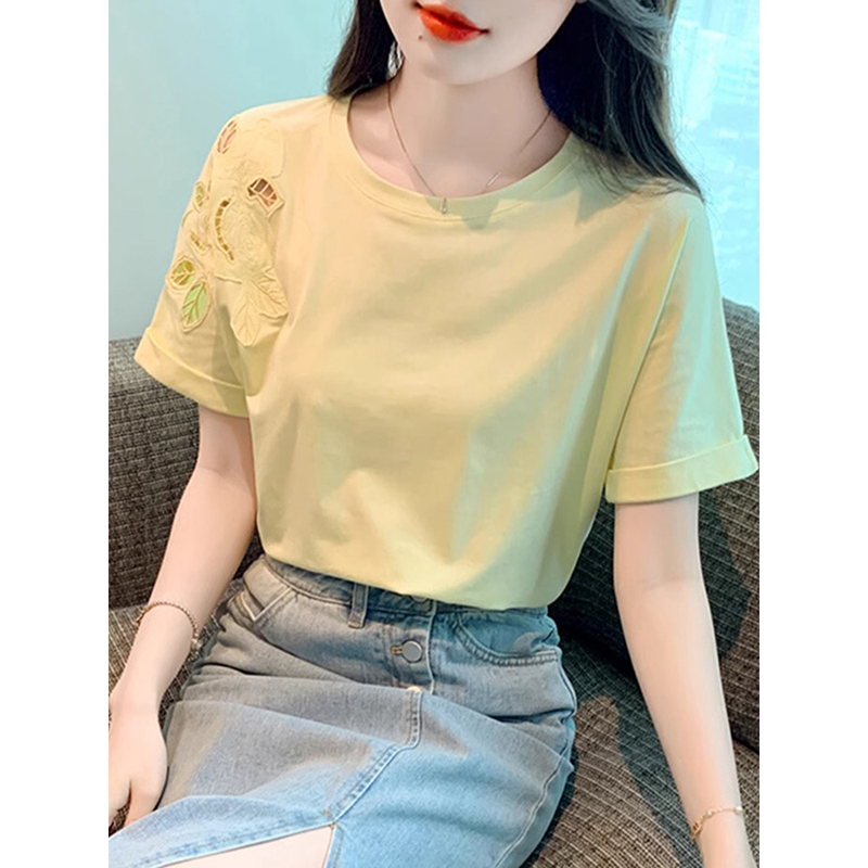 时尚圆领正肩短袖t恤女夏季2024夏新款宽松刺绣小衫女士百搭上衣