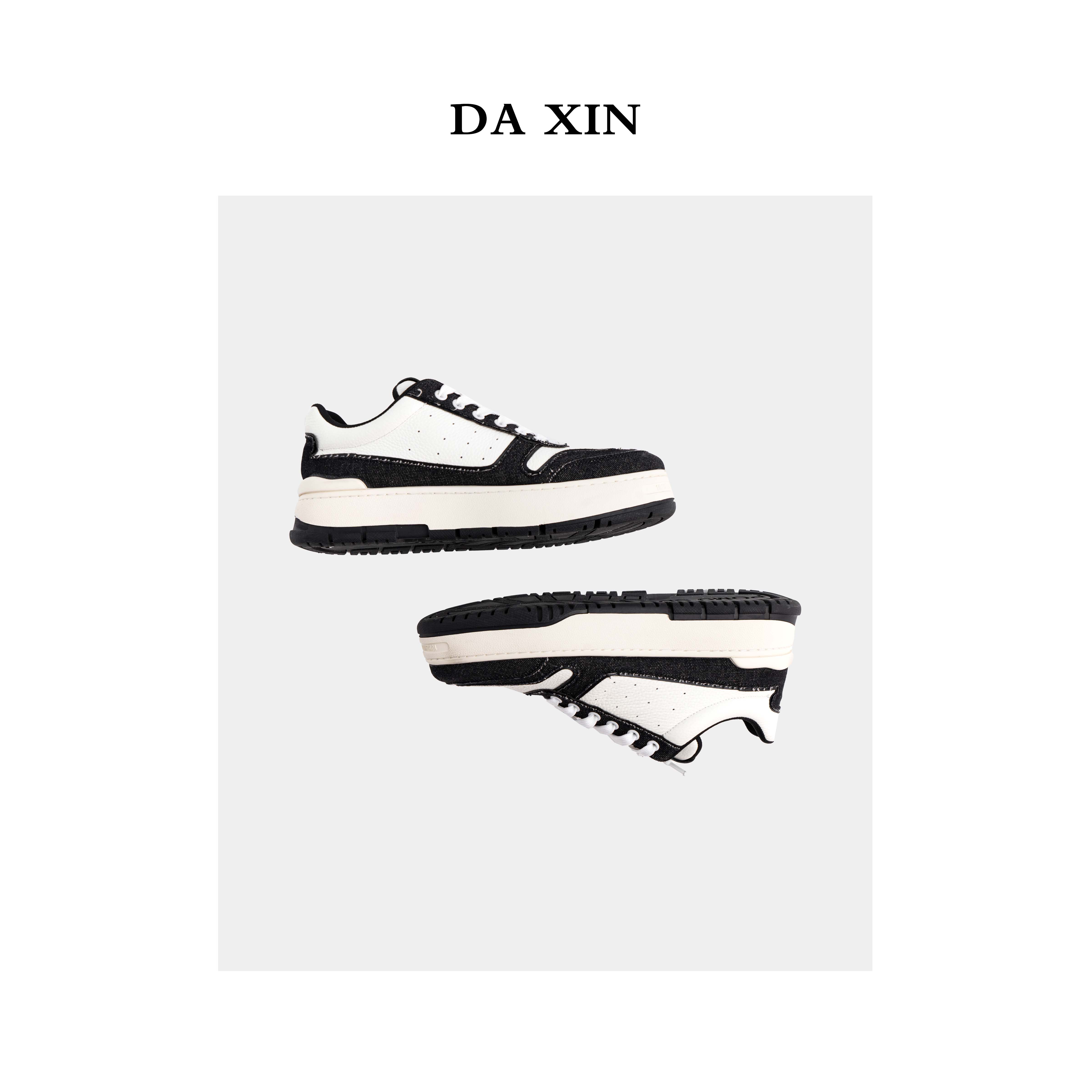 DA XIN 牛皮经典黑白熊猫板鞋男时髦百搭休闲拼色厚底低帮鞋男