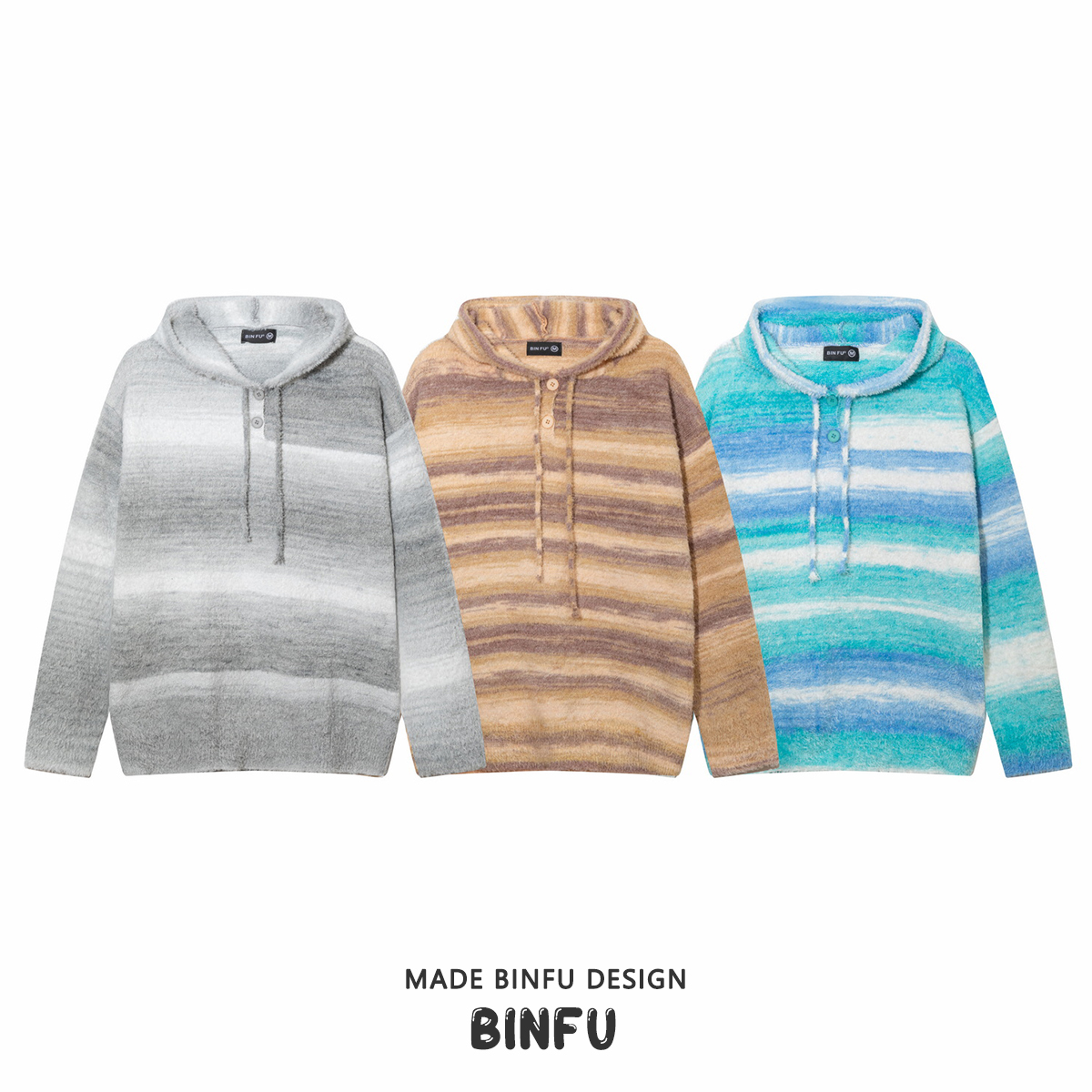 BINFU 秋装美式复古风彩虹渐变慵懒风 连帽宽松男女款iins潮毛衣