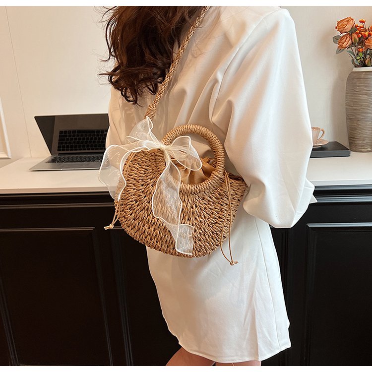 【好物分享】编织蕾丝蝴蝶结丝巾女包沙滩法式草编包手工编织包8601