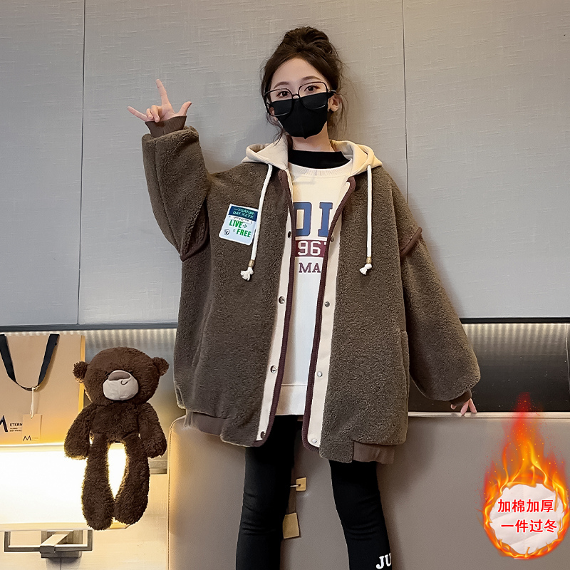 女童秋冬装毛毛衣2023新款儿童韩版连帽中大童冬季夹棉时髦外套潮