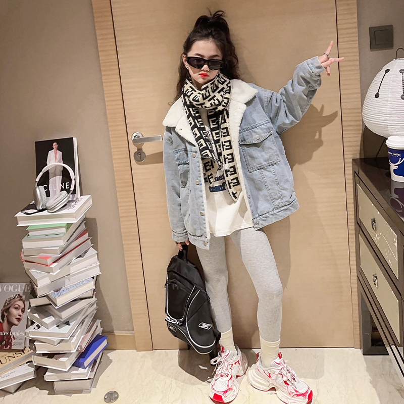 女童加绒牛仔外套2023秋冬新款洋气中大童韩版儿童6-12岁15岁上衣
