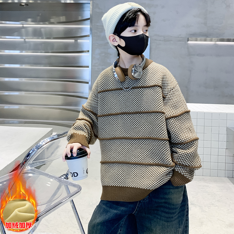 毛衣男童装6-12岁潮款冬装2023新款加绒加厚中大童套头打底衫