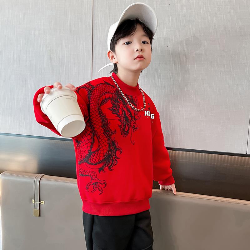 加绒卫衣男童12-15岁一体绒红色龙年拜年服冬季保暖2023新款儿童