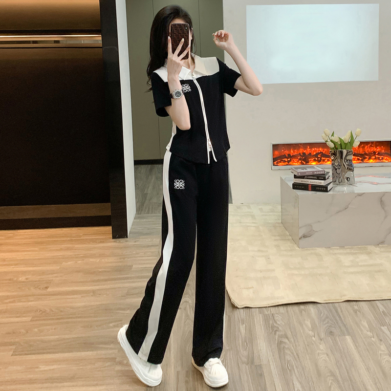 高档时尚休闲运动套装女夏网红洋气减龄黑色显瘦短袖阔腿裤两件套