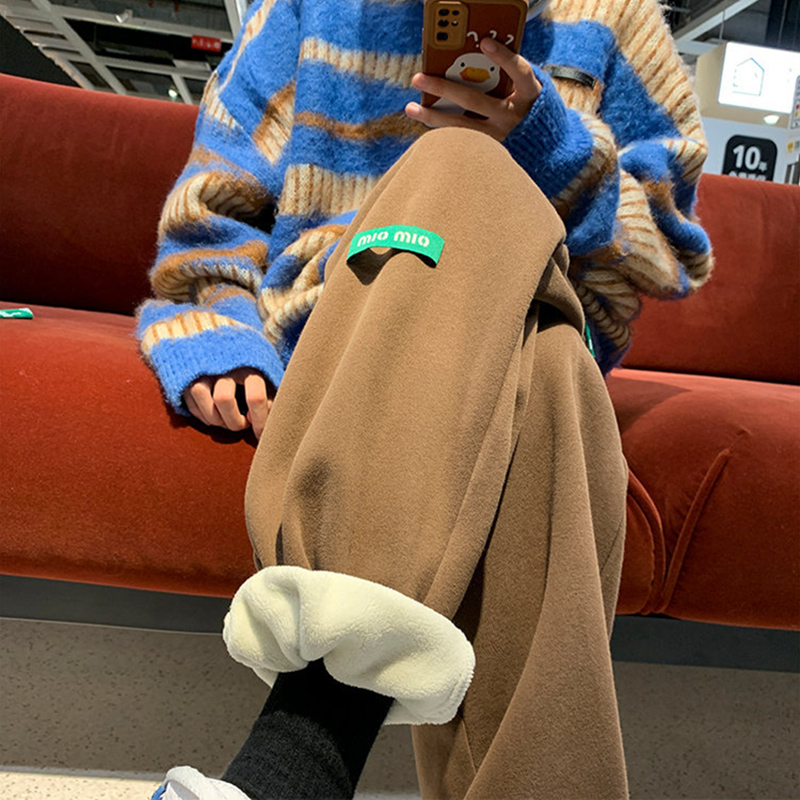 大码美拉德裤子男款冬季加绒加厚保暖棕色青少年美式复古束脚卫裤