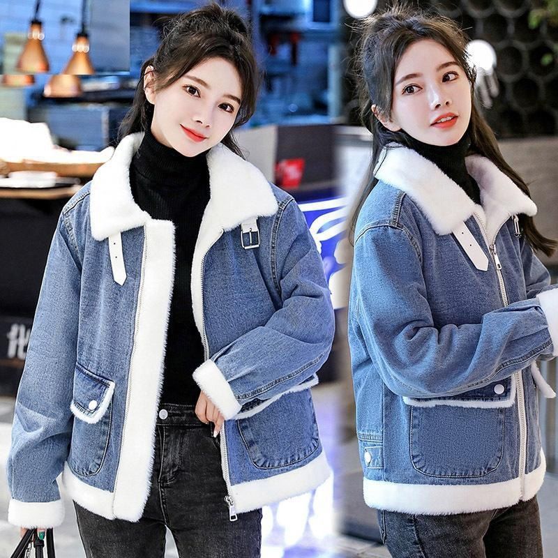 派克棉服女高级感小众秋冬百搭加绒加厚宽松牛仔衣羊羔毛外套短款