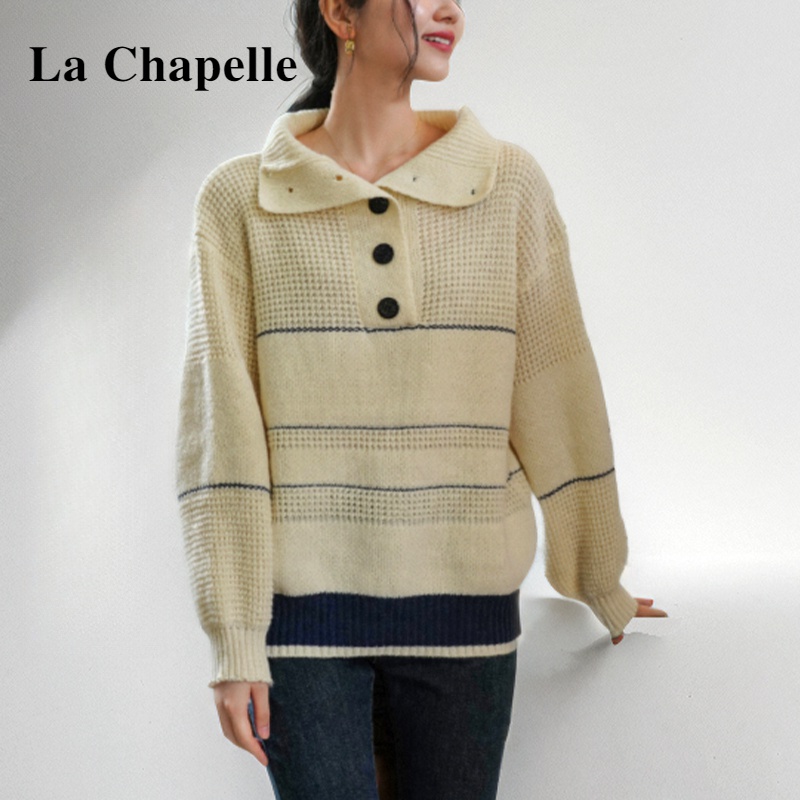 拉夏贝尔线条感撞色针织衫女2023年秋冬新款半开扣宽松洋气翻领