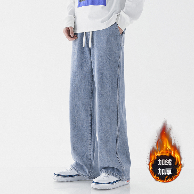 微喇加绒牛仔裤男冬季爆款2023百搭宽松大码男裤潮牌抽绳男款长裤