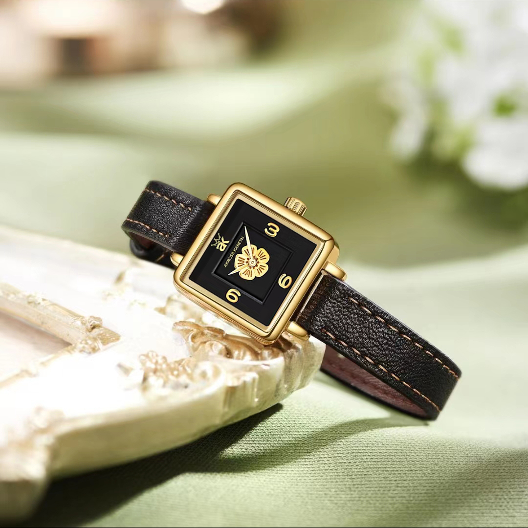高奢中古山茶花方形小巧皮带防水手表女