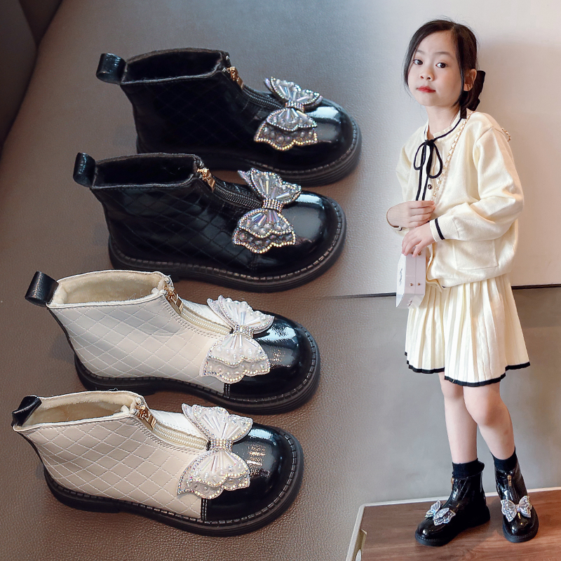 女童公主棉靴2022年秋冬新款儿童短靴加绒蝴蝶结马丁靴小女孩冬靴
