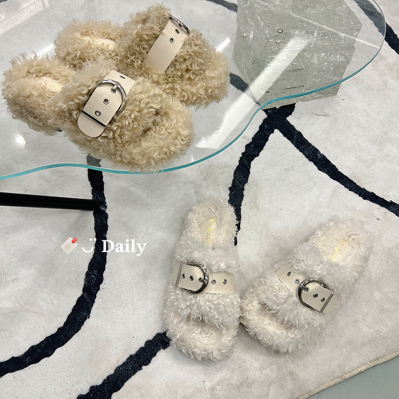 Alice W花花家【皮带扣毛毛拖】时髦增高厚底卷卷毛外穿休闲拖鞋