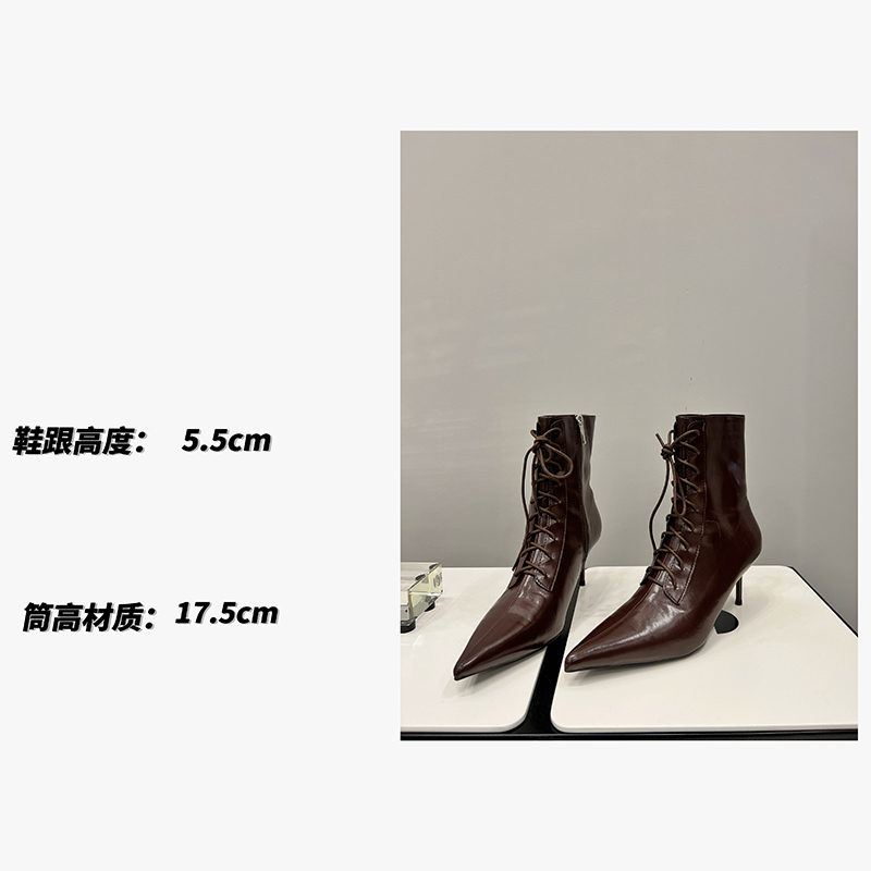 【花粉饰品】【系带高跟靴】气质瘦瘦靴时尚尖头侧拉链细跟短靴