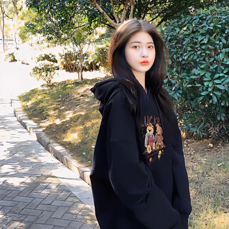 拉夏贝尔加绒情侣卫衣女2023秋冬季新款爆款黑色连帽宽松上衣外套
