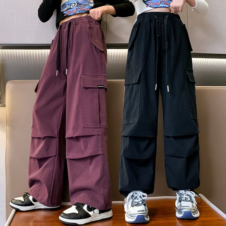 女童工装裤春秋2023新款大童炸街阔腿裤直筒宽松儿童休闲裤子5-12