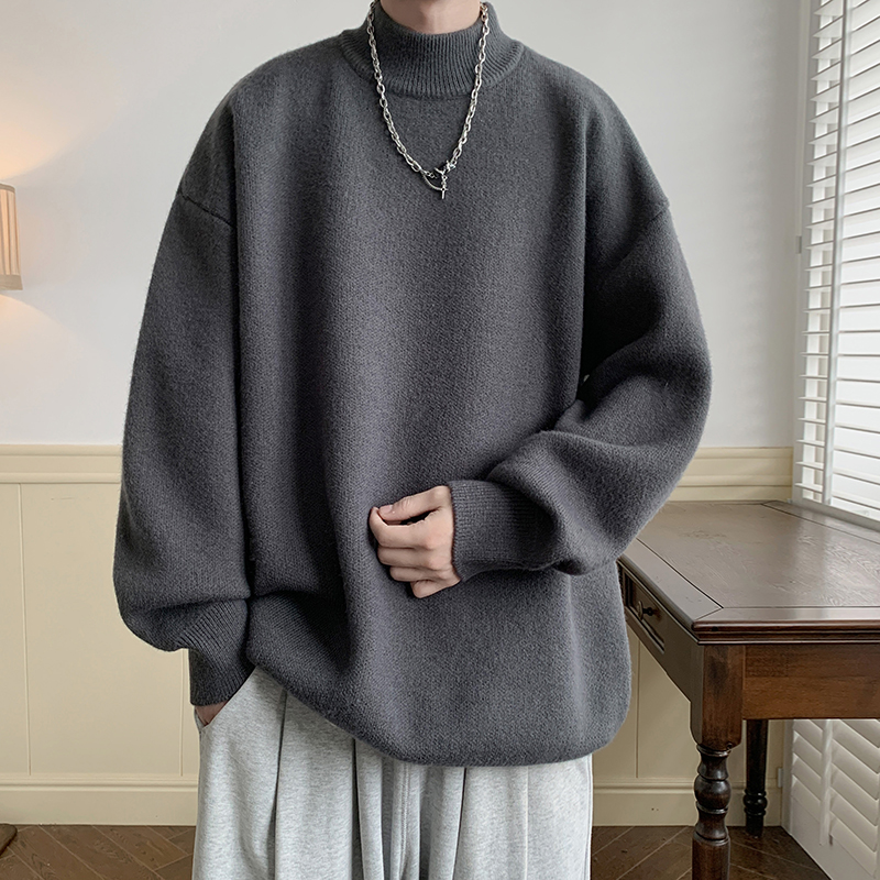 半高领毛衣男士港风秋冬季内搭保暖纯色针织衫打底慵懒风外套上衣