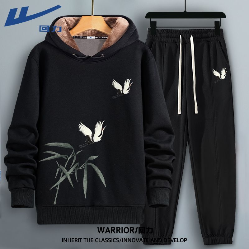 回力国潮中国风冬季加绒加厚连帽卫衣男大码束脚卫裤男士运动套装