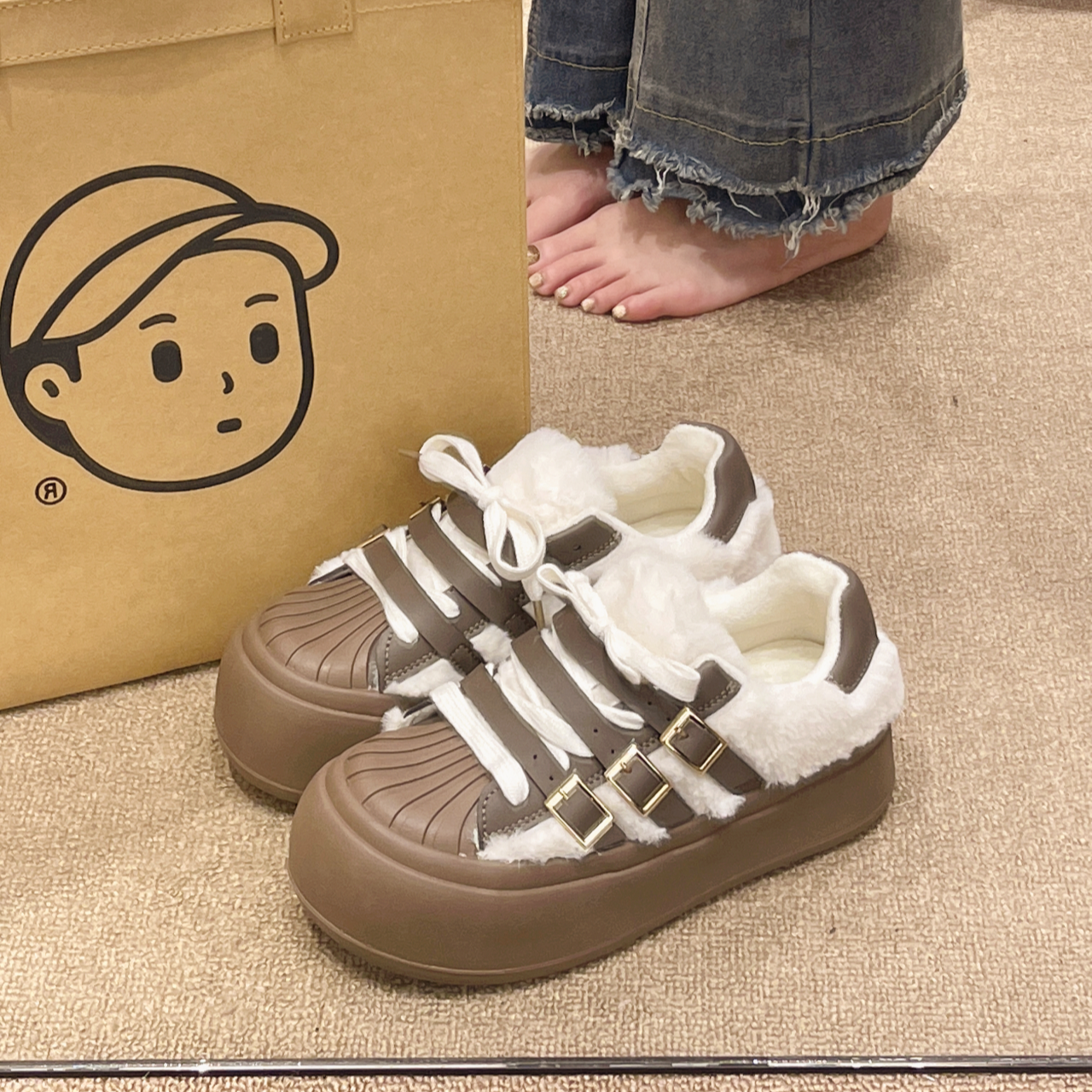 厚底加绒保暖休闲鞋毛毛鞋女鞋