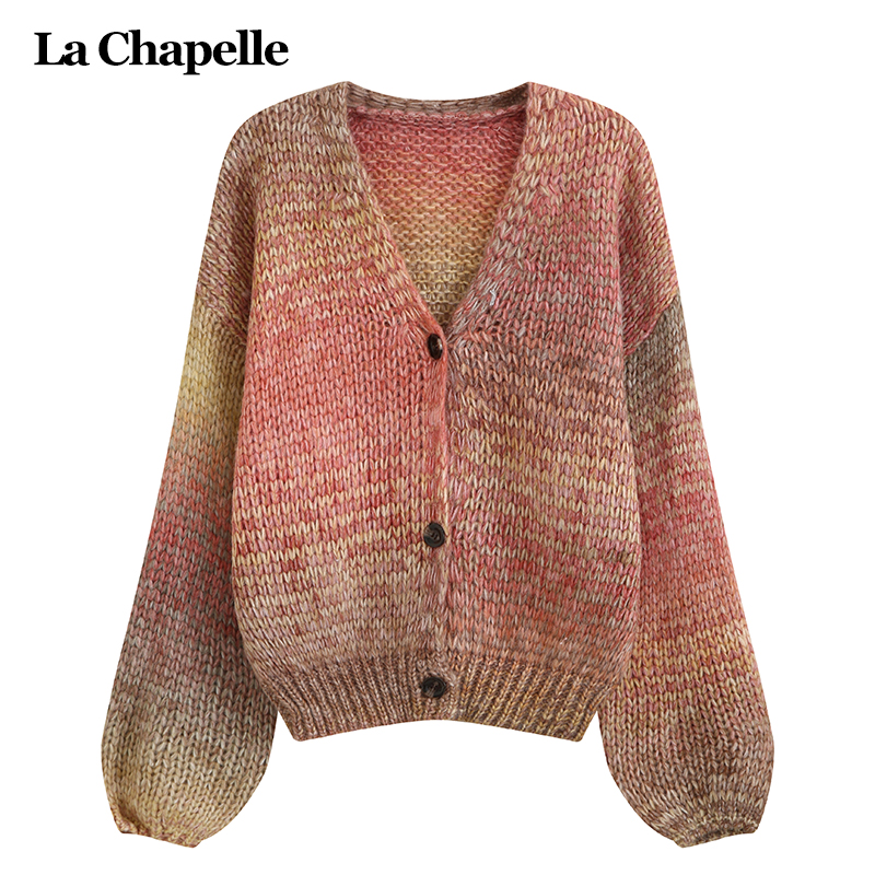 拉夏贝尔LaChapelle多巴胺V领针织衫女秋冬季小个子开衫毛衣外套
