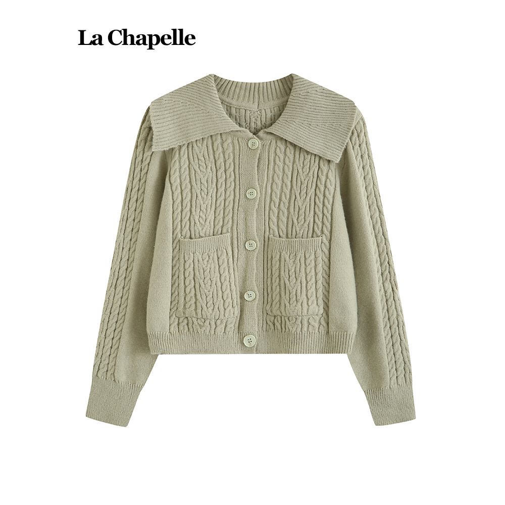 拉夏贝尔LaChapelle娃娃领麻花针织衫女秋冬季小个子穿搭开衫外套
