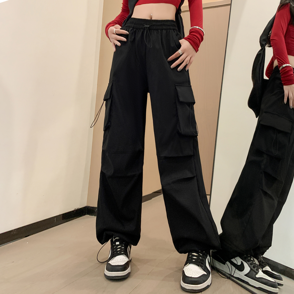 春秋款网红户外登山工装裤女2023休闲显瘦阔腿直筒小个子女裤 312