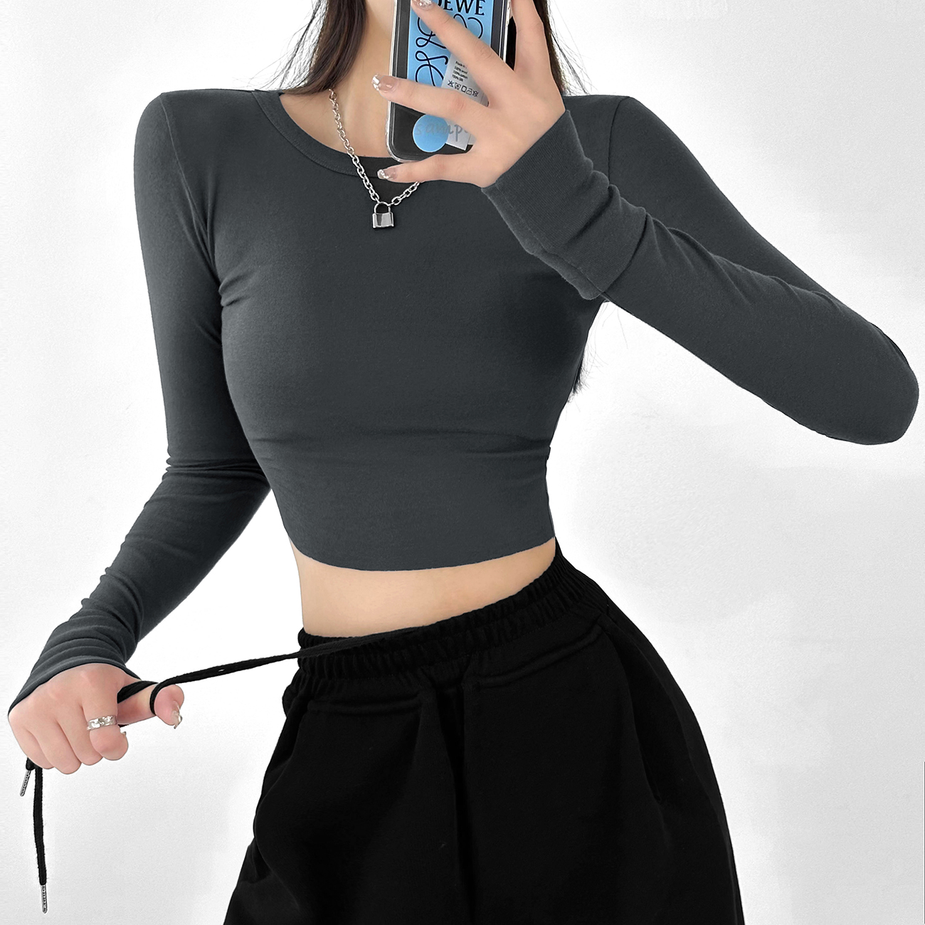 022【清仓】秋季灰色女士长袖卫衣圆领款打底衫修身显瘦T恤可外穿衣