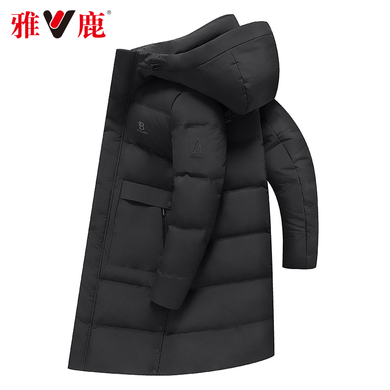 雅鹿男士中长款羽绒服时尚休闲青年外套连帽中长款白鸭绒21066