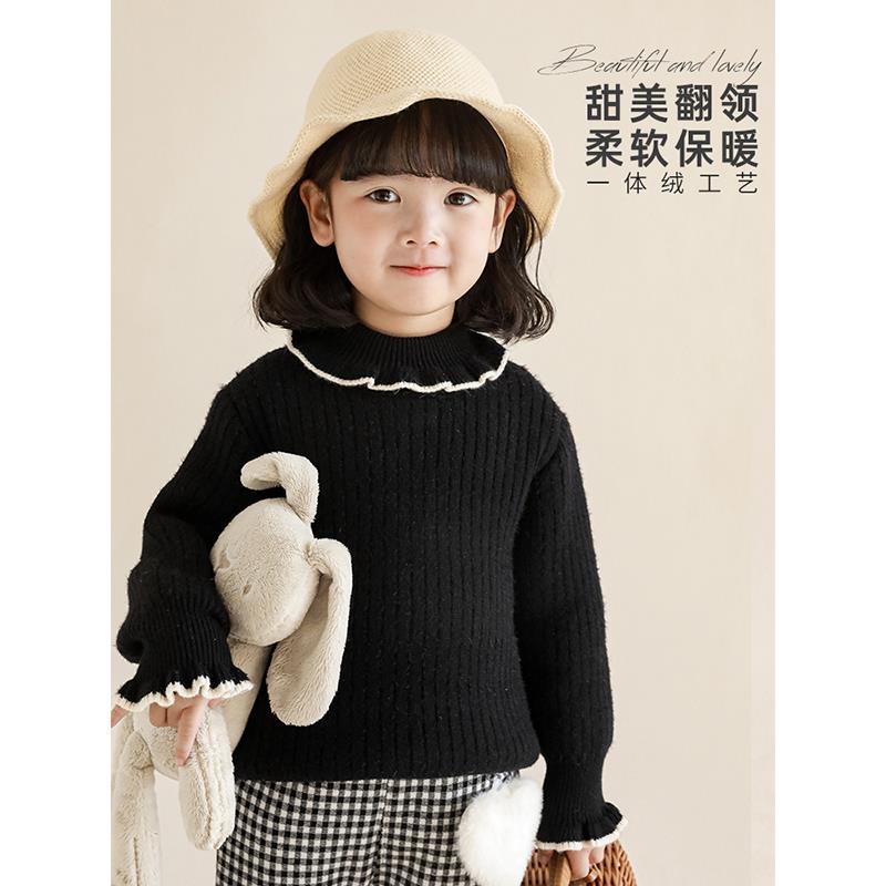 幼悠木耳边翻领一体绒女童宝宝加厚洋气保暖套头针织毛衣D2845