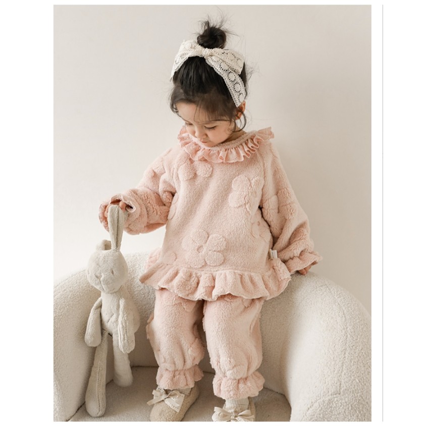 幼悠儿童毛绒套装冬季洋气宝宝花边居家服套装秋冬甜美童装D3084