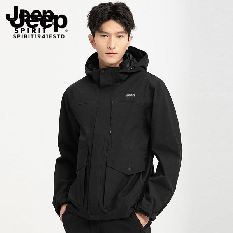 JEEP黑色外套男士春秋季冲锋登山服2023新款宽松休闲情侣夹克上衣
