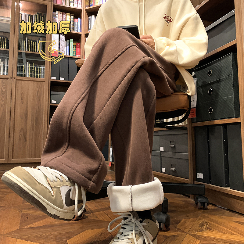 JEEP运动休闲裤男秋冬加绒垂感阔腿拖地长裤美式潮牌宽松直筒裤子