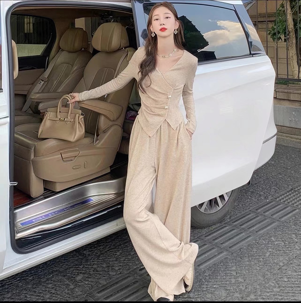 【欲风气质V领套装】1338#盐系穿搭两件套秋冬长袖上衣+慵懒阔腿裤