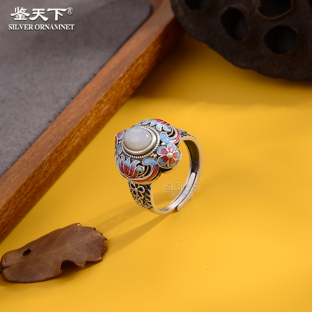 925银珐琅戒指 【鉴天下】珐琅彩五福莲花纯银戒指 08400006 国风