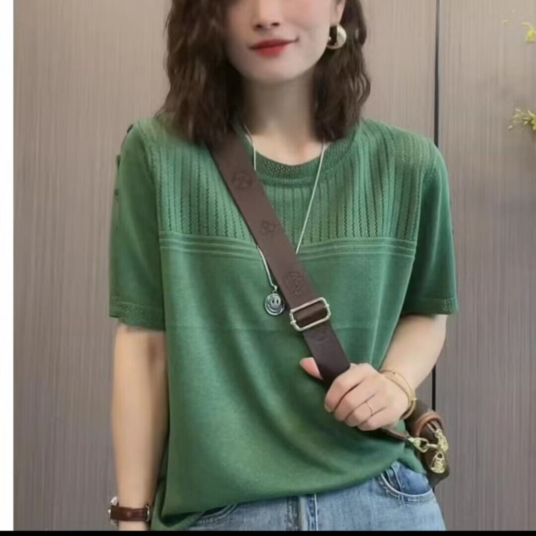 新款圆领冰丝针织衫气质百搭宽松显瘦短袖减龄妈妈洋气时尚毛衣女