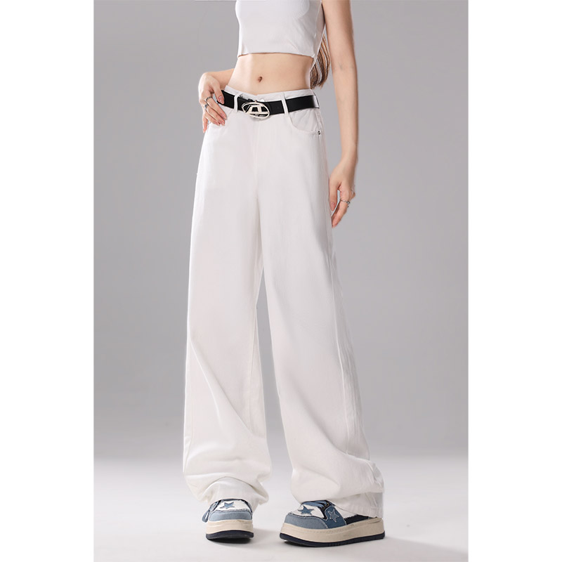 白色三防加厚牛仔裤女秋季显瘦防水防油小个子直筒阔腿裤子