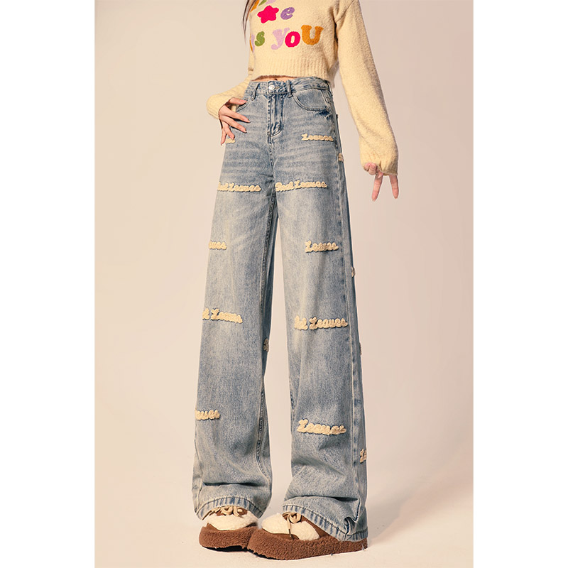 自然涩刺绣直筒牛仔裤女春秋季阔腿胖mm显瘦高腰窄版小个子长裤子