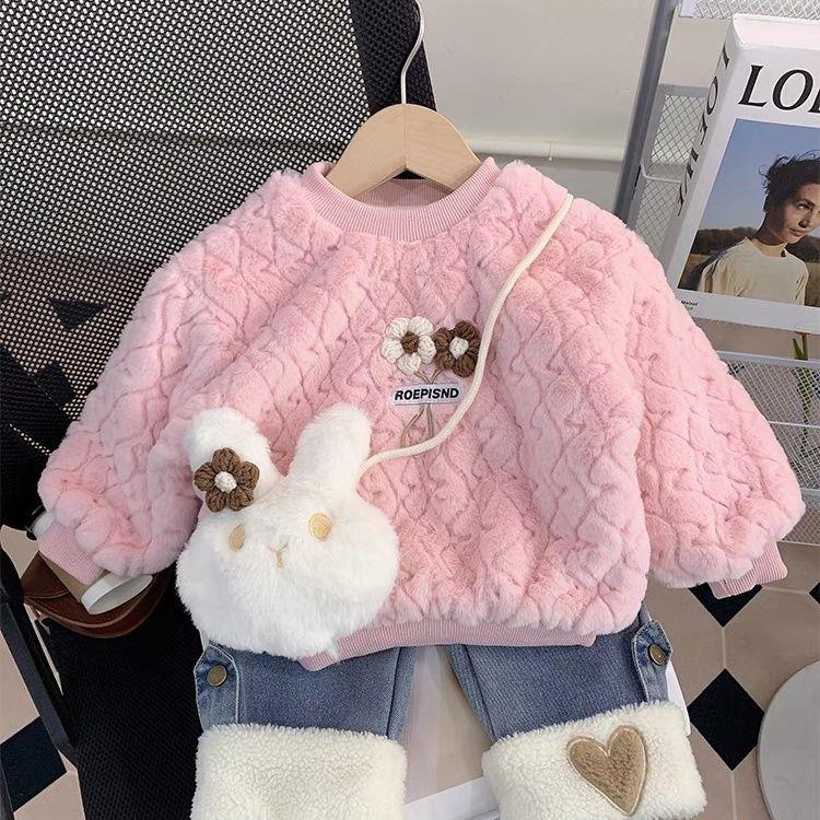女童秋冬套装2023新款女宝宝洋气冬季加绒卫衣儿童牛仔裤两件套潮