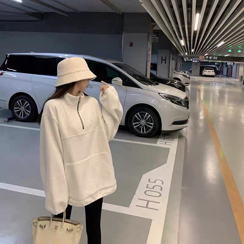 【十字架】五金女孩穿搭 冬款半拉链胸前刺绣加厚卫衣 宽松休闲保暖