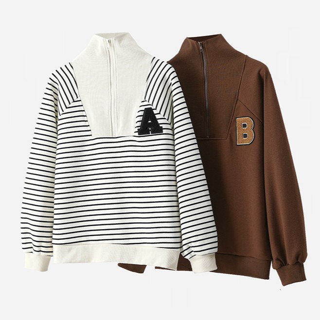 实 2023秋冬款 毛巾绣字母半拉链条纹卫衣 宽松减龄百搭上衣