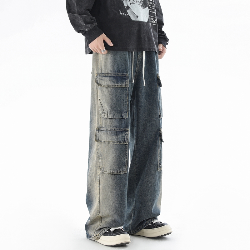 工装牛仔裤男秋冬款cleanfit美式复古痞帅多口袋宽松直筒休闲长裤