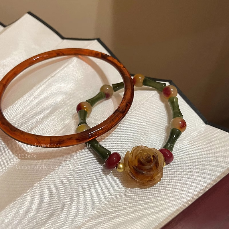 非金属树脂手链 新中式玫瑰花朵串珠手链女复古气质小众设计手工.
