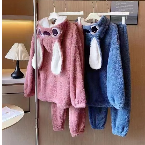 史迪仔睡衣套装可爱加厚保暖家居服长袖连帽卡通宽松女