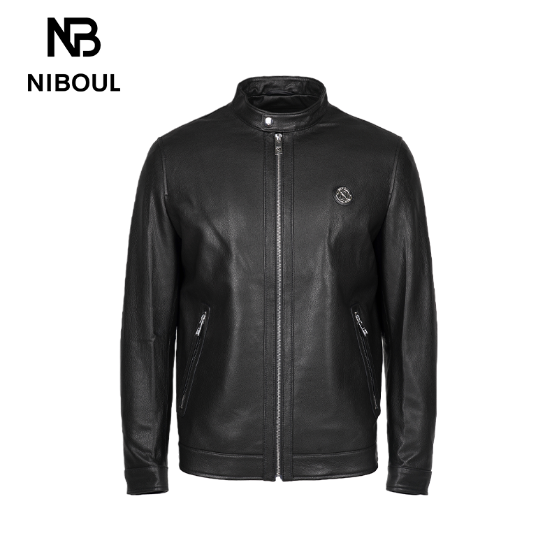 欧度NIBOUL/尼渤立领皮衣山羊皮革徽章真皮 男士外套秋季黑色7892