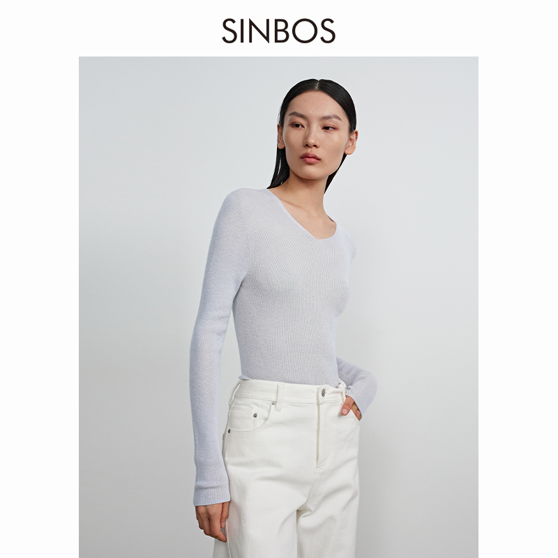 SINBOS无缝一体织羊毛针织衫女纯色打底毛衣V领修身内搭SF3ZQK381