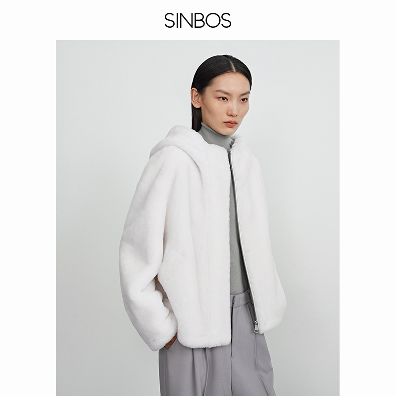 SINBOS澳洲进口绵羊毛皮毛一体女外套加厚宽松连帽大衣SF3F20200