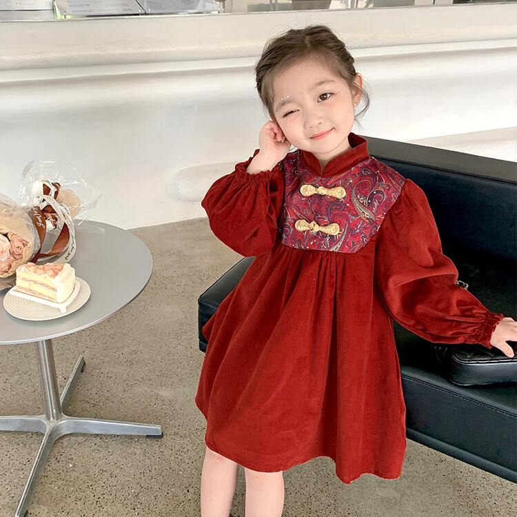 女童秋冬季中国风复古红色灯芯绒连衣裙儿童宝宝旗袍拜年服公主裙