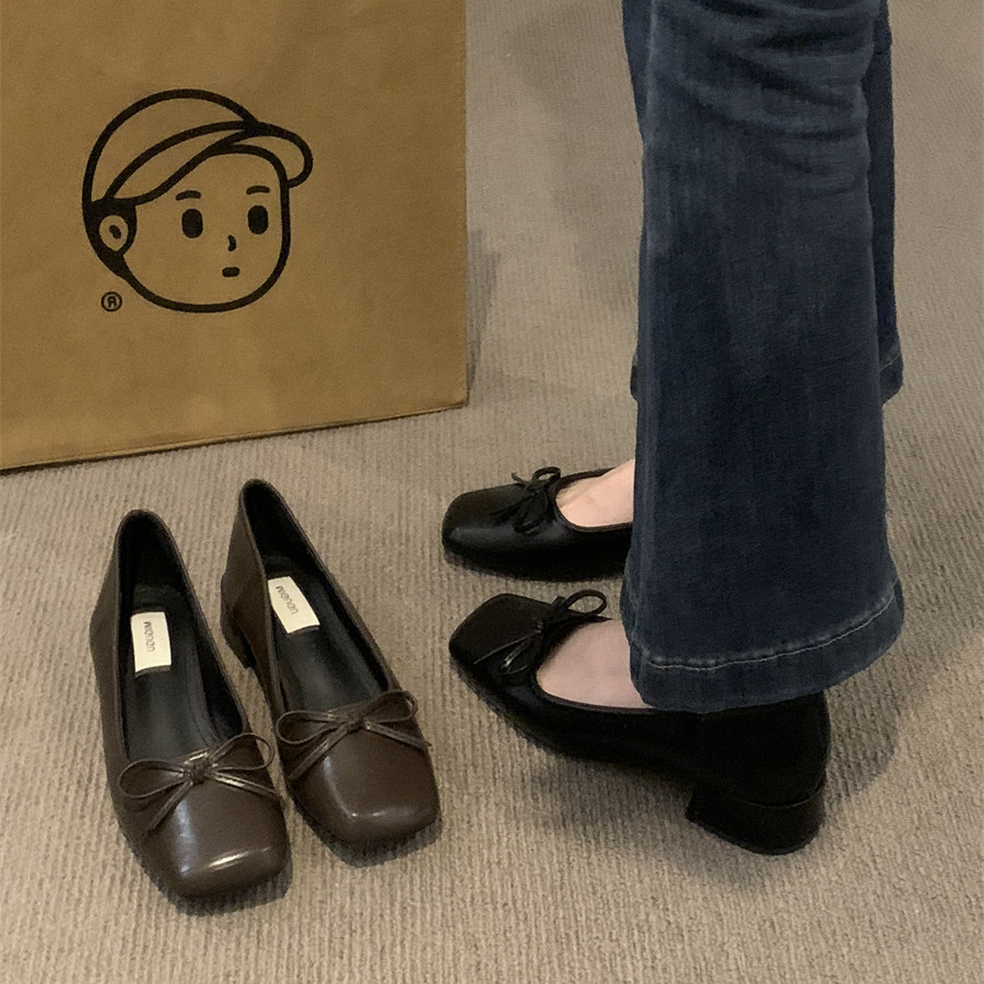 【真皮材质】配裙子气质单鞋女鞋子方头蝴蝶结通勤百搭粗跟瓢鞋G319